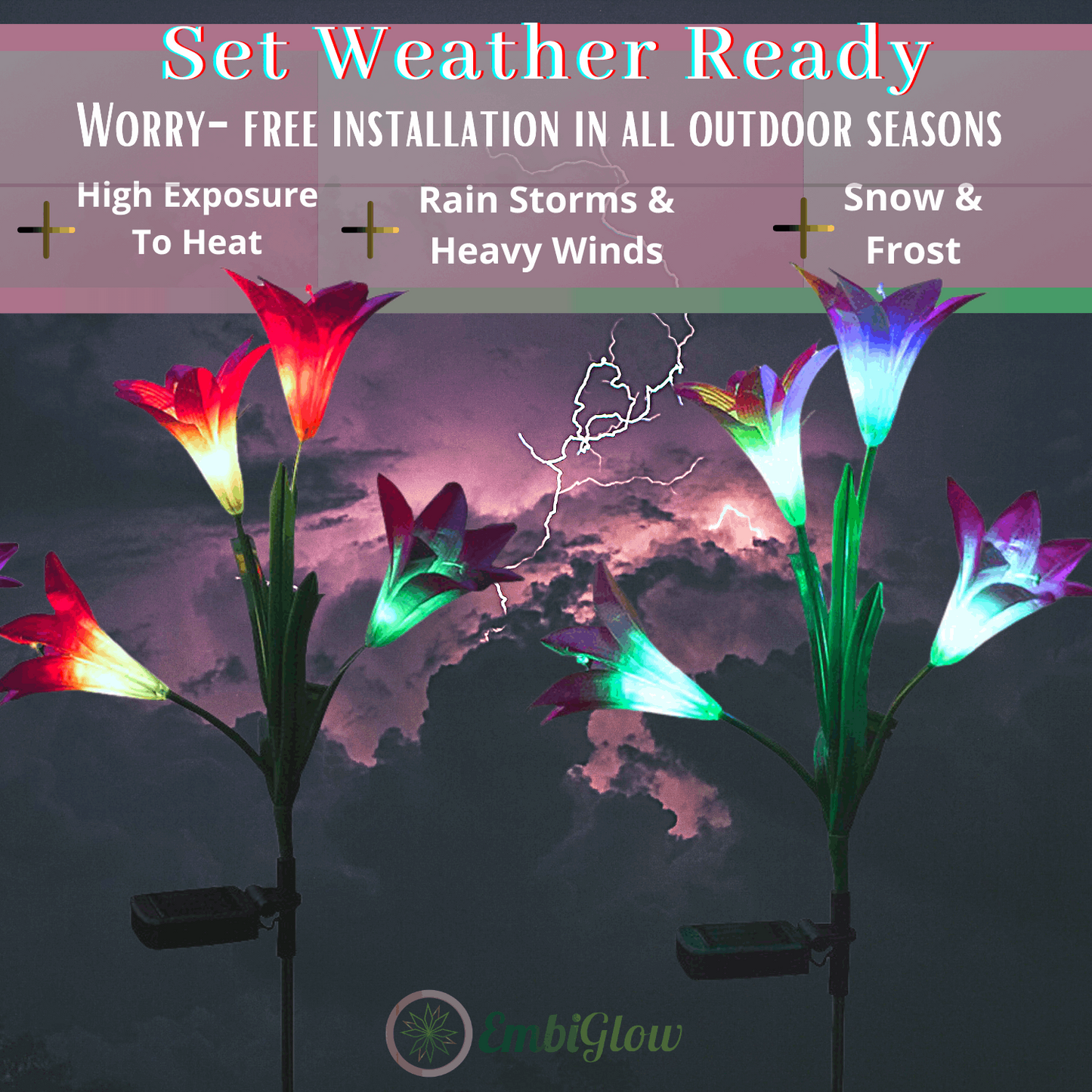 set of 2 led lights displayed over a storm background with benefit points listed 