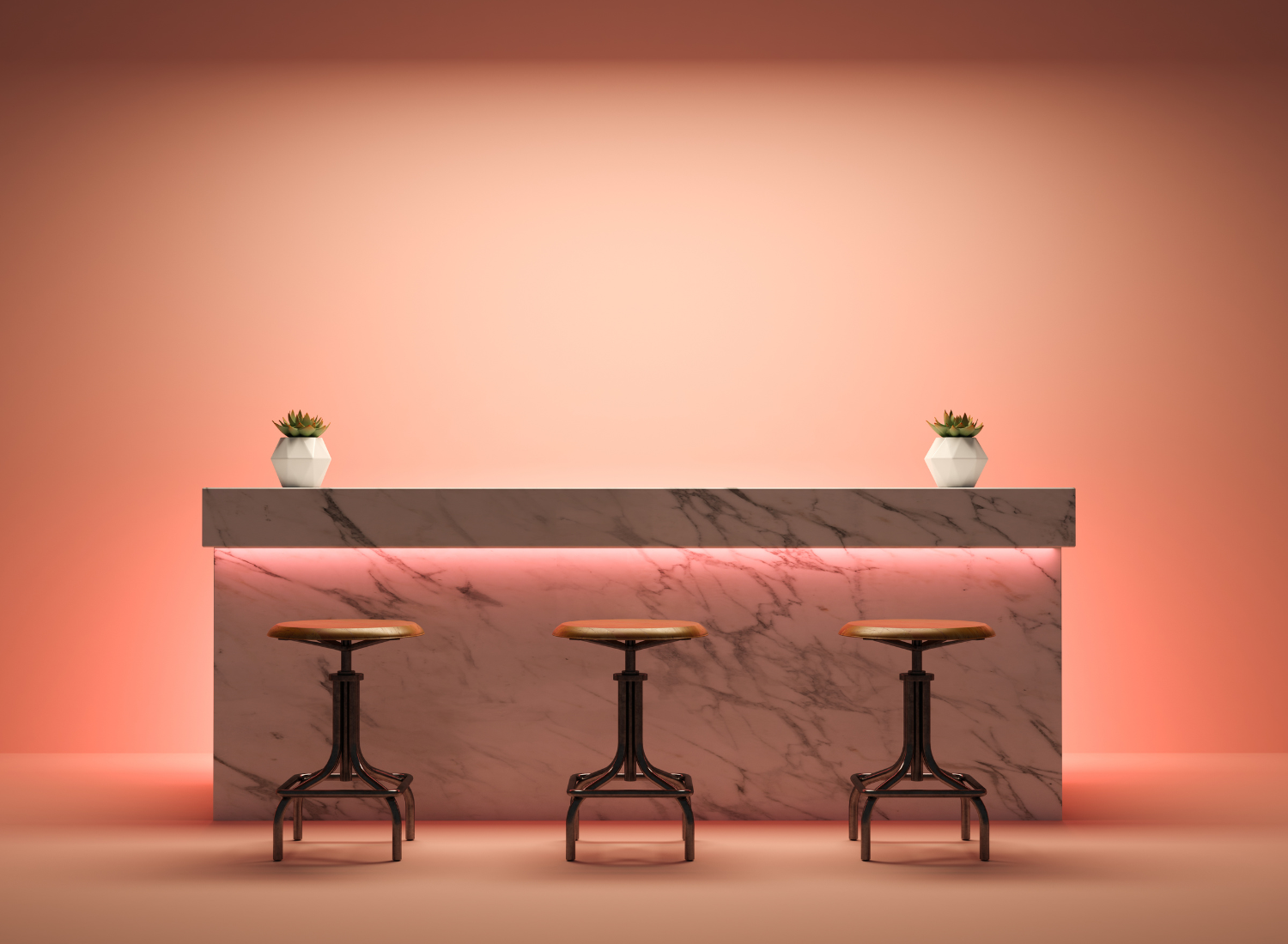 3 chairs at marble counter 2 green decorum salmon backlight warm 